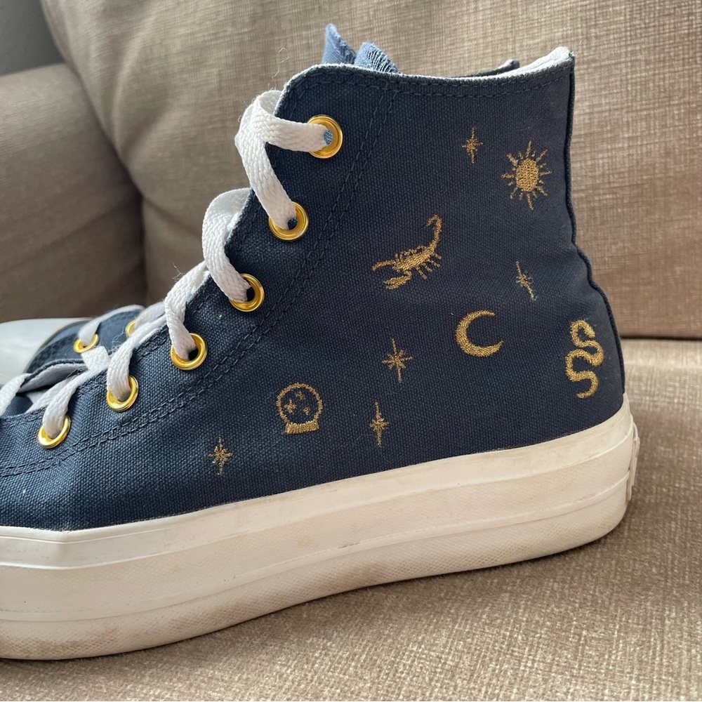 Custom Embroidered Converse Blue High-Tops with White Laces Gold Accents - Picture 2 of 9
